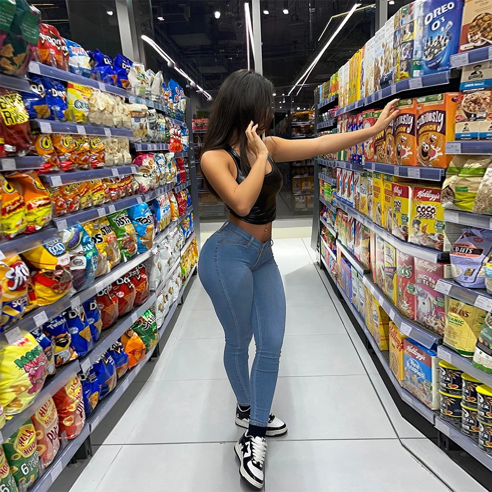 Stretch Skinny Denim Women's Jeans Mid Waist Pants Blue Retro Washed Elastic Slim Pencil Trousers