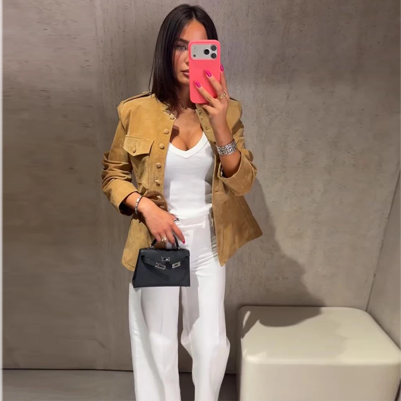Vintage Stand Collar Women's Coats Full Sleeve Pocket Single-Breasted Slim Lady Coat 2026 Autumn Chic Female Streetwear