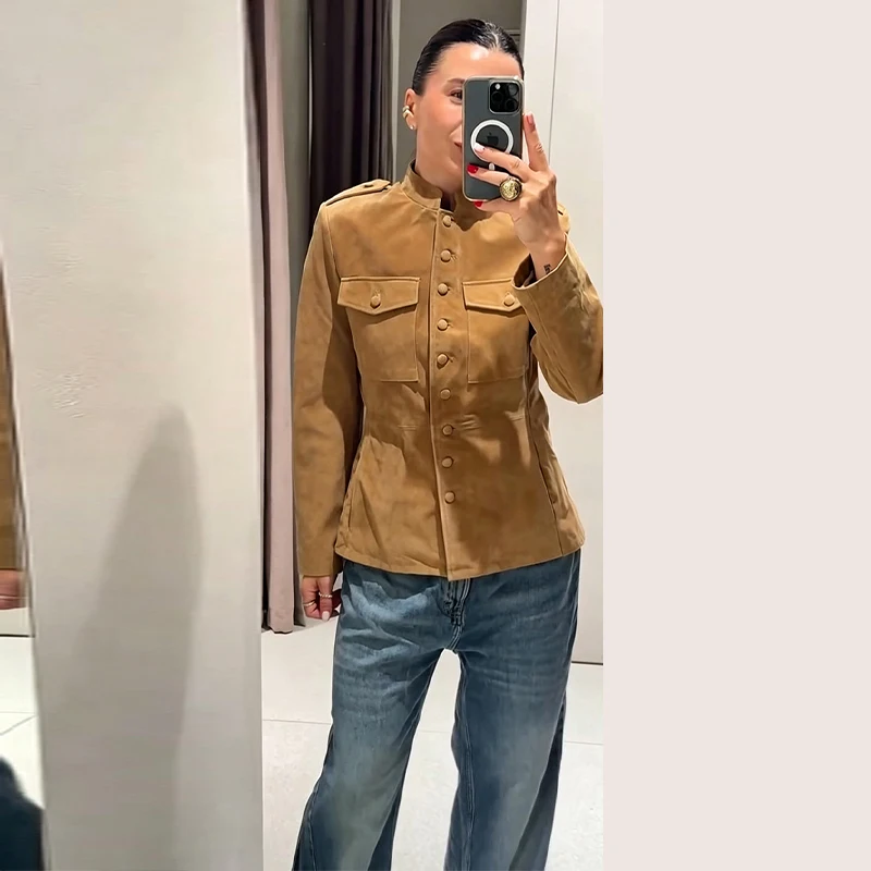 Vintage Stand Collar Women's Coats Full Sleeve Pocket Single-Breasted Slim Lady Coat 2026 Autumn Chic Female Streetwear