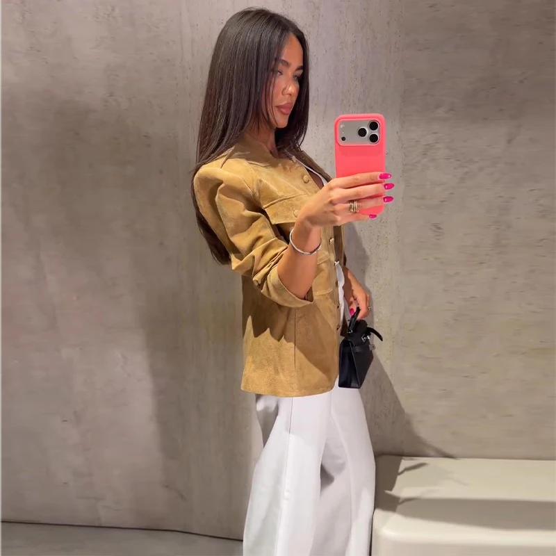 Vintage Stand Collar Women's Coats Full Sleeve Pocket Single-Breasted Slim Lady Coat 2026 Autumn Chic Female Streetwear