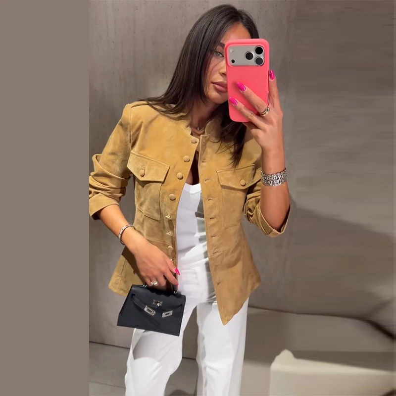 Vintage Stand Collar Women's Coats Full Sleeve Pocket Single-Breasted Slim Lady Coat 2026 Autumn Chic Female Streetwear
