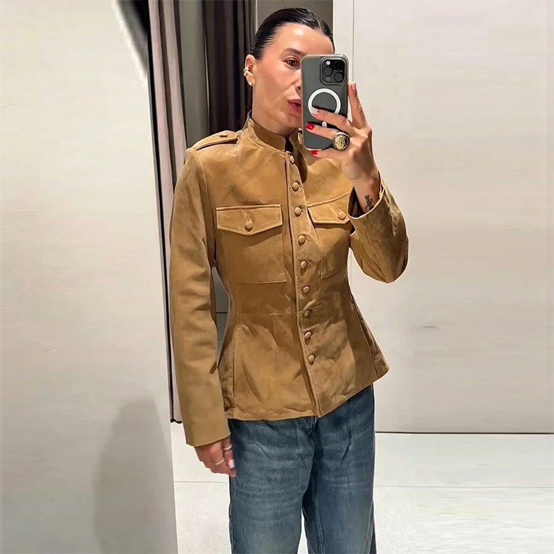 Vintage Stand Collar Women's Coats Full Sleeve Pocket Single-Breasted Slim Lady Coat 2026 Autumn Chic Female Streetwear