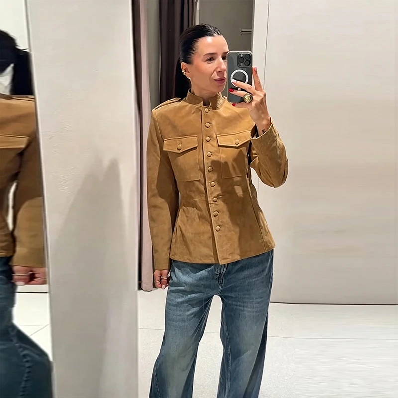 Vintage Stand Collar Women's Coats Full Sleeve Pocket Single-Breasted Slim Lady Coat 2026 Autumn Chic Female Streetwear