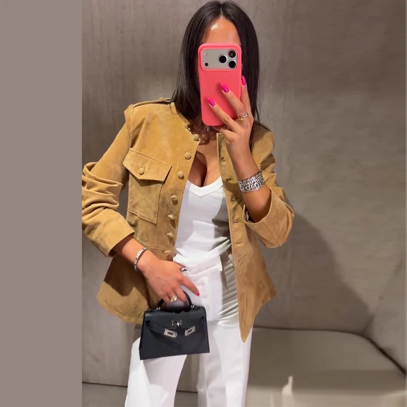 Vintage Stand Collar Women's Coats Full Sleeve Pocket Single-Breasted Slim Lady Coat 2026 Autumn Chic Female Streetwear