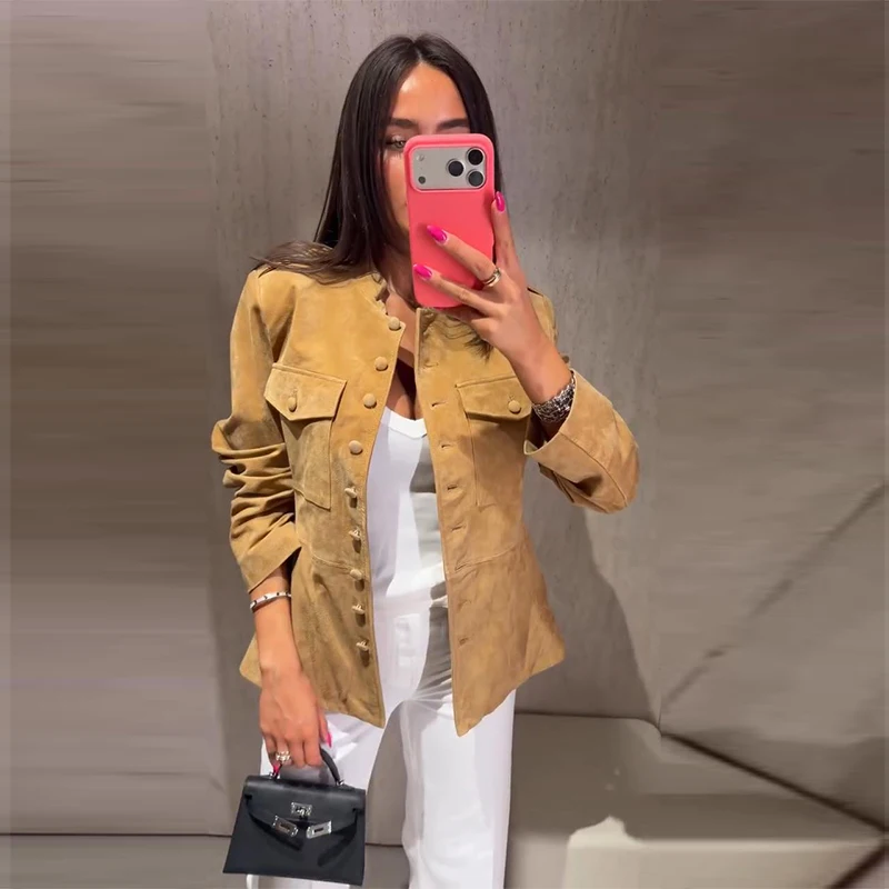 Vintage Stand Collar Women's Coats Full Sleeve Pocket Single-Breasted Slim Lady Coat 2026 Autumn Chic Female Streetwear