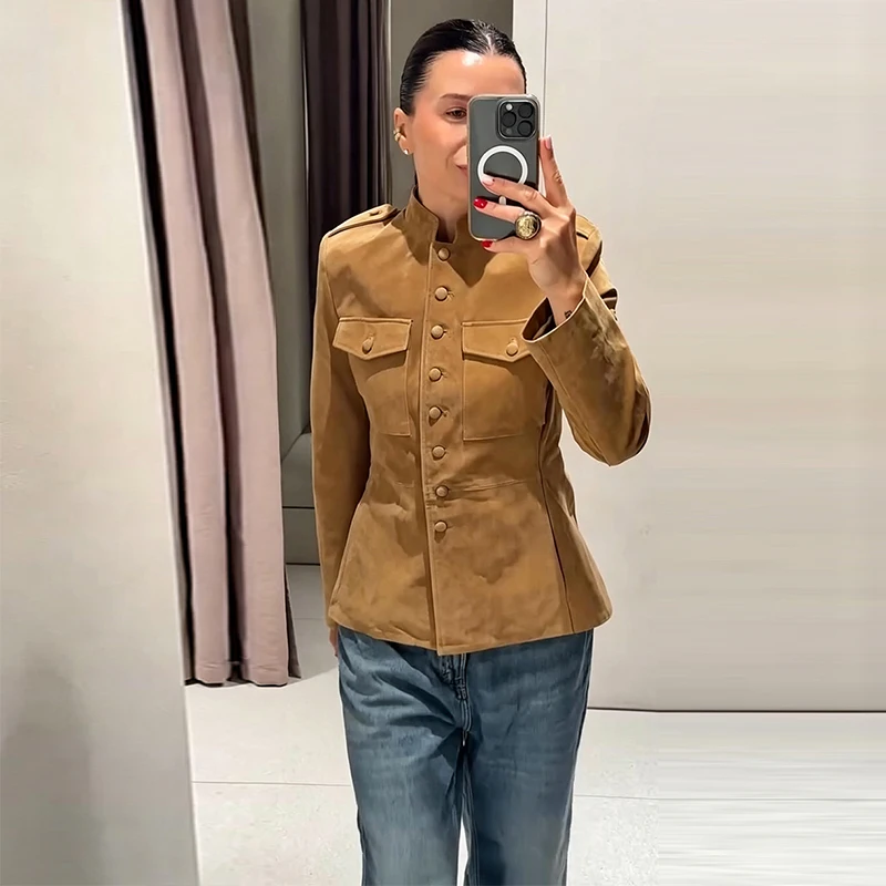 Vintage Stand Collar Women's Coats Full Sleeve Pocket Single-Breasted Slim Lady Coat 2026 Autumn Chic Female Streetwear