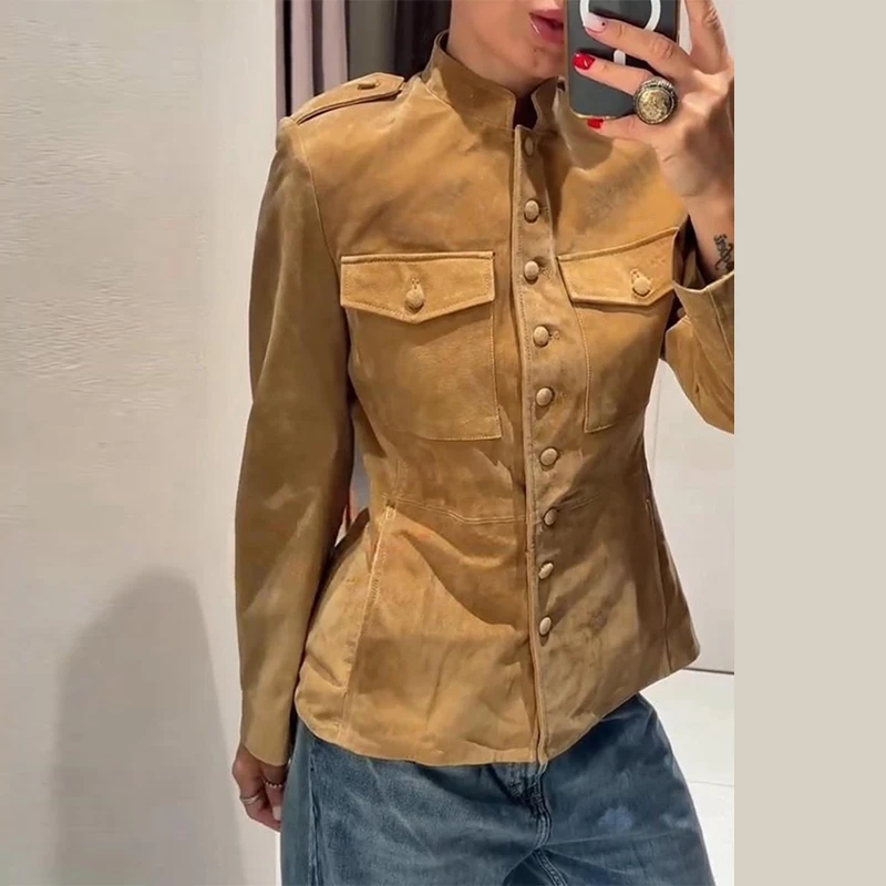 Vintage Stand Collar Women's Coats Full Sleeve Pocket Single-Breasted Slim Lady Coat 2026 Autumn Chic Female Streetwear