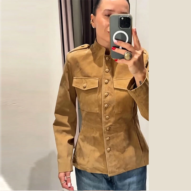 Vintage Stand Collar Women's Coats Full Sleeve Pocket Single-Breasted Slim Lady Coat 2026 Autumn Chic Female Streetwear