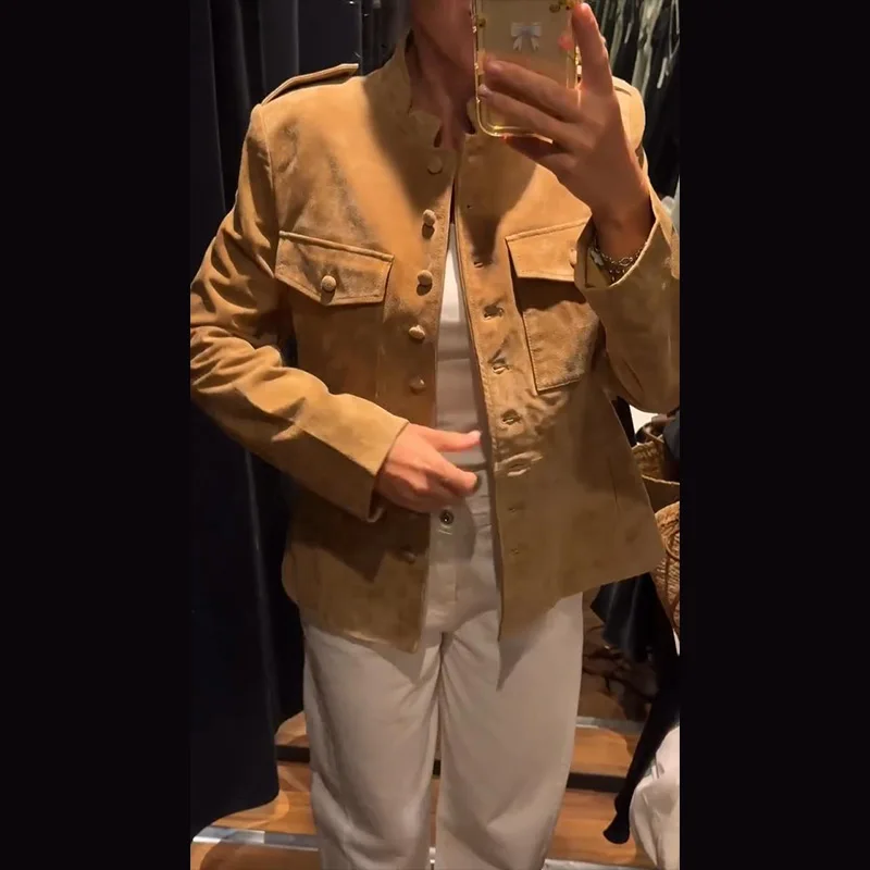 Vintage Stand Collar Women's Coats Full Sleeve Pocket Single-Breasted Slim Lady Coat 2026 Autumn Chic Female Streetwear