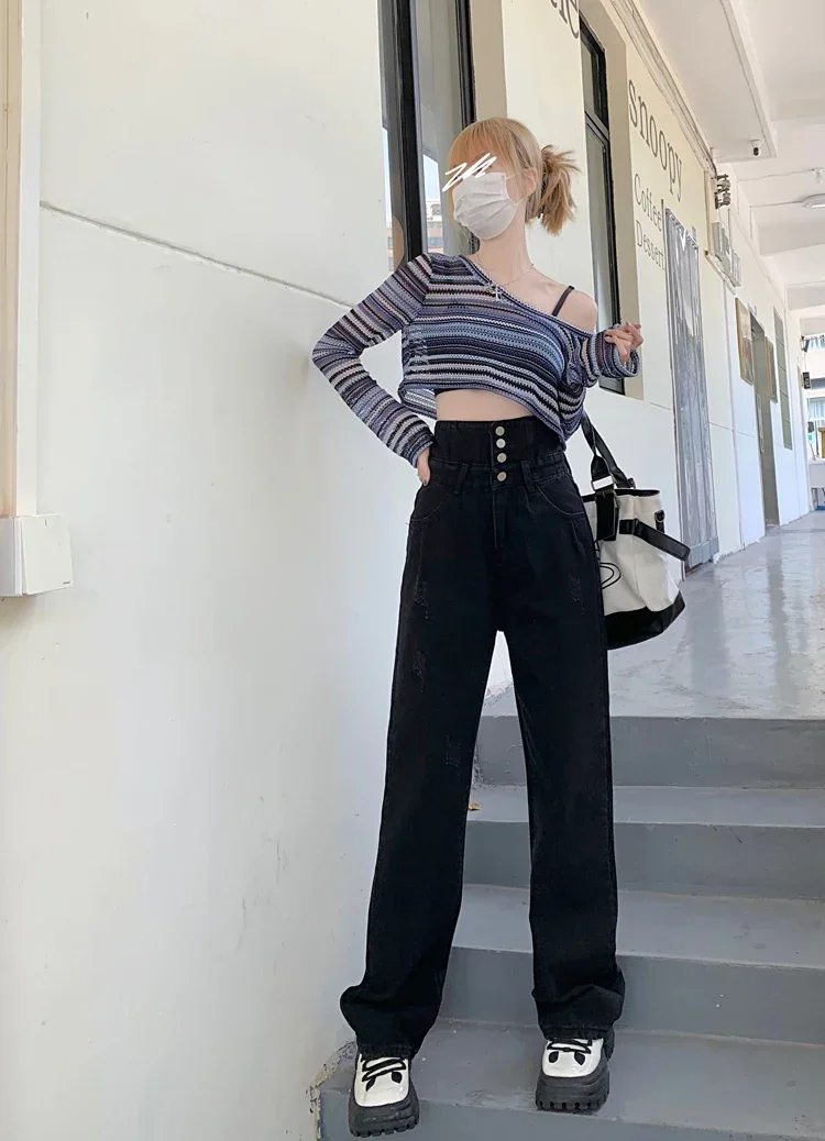 Hight Waist Denim Pant Women Jeans Vintage Straight Trousers Jeans Autumn Spring Fashion Female Black Casual Wide Leg Pants