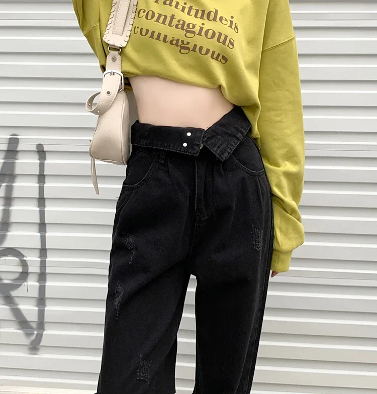 Hight Waist Denim Pant Women Jeans Vintage Straight Trousers Jeans Autumn Spring Fashion Female Black Casual Wide Leg Pants