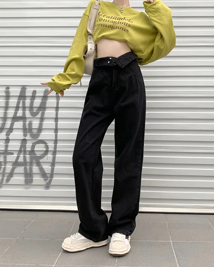 Hight Waist Denim Pant Women Jeans Vintage Straight Trousers Jeans Autumn Spring Fashion Female Black Casual Wide Leg Pants