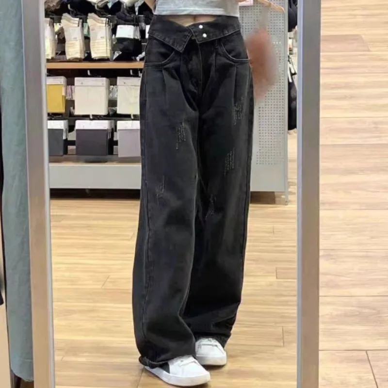 Hight Waist Denim Pant Women Jeans Vintage Straight Trousers Jeans Autumn Spring Fashion Female Black Casual Wide Leg Pants