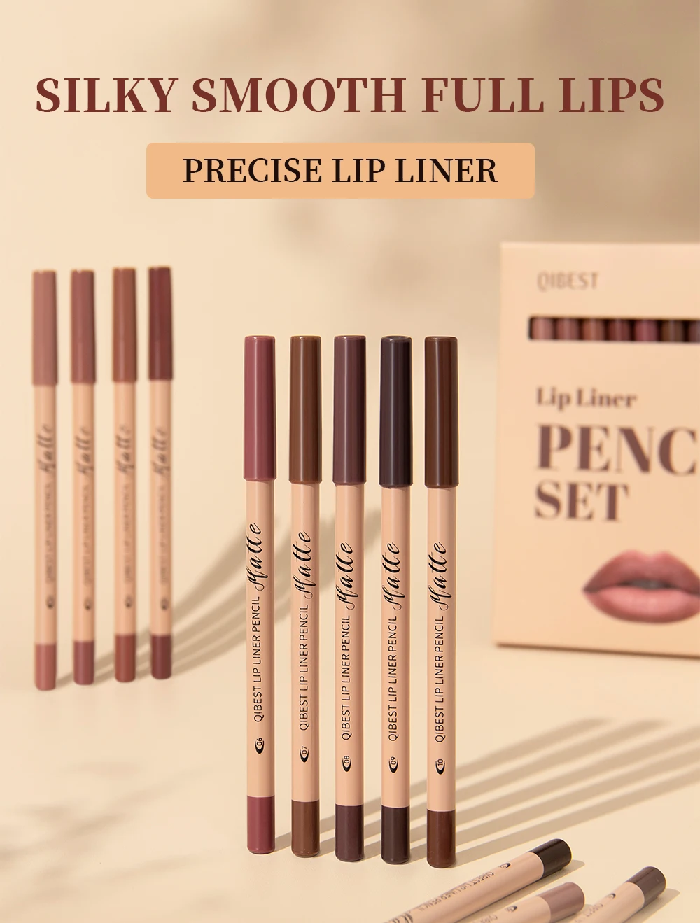 QIBEST 12 Colors Lip Liner Pen Kits Waterproof Sweat-proof Not Easy To Fade Lipliner Non-stick Cup Lipstick Pencil Makeup Sets