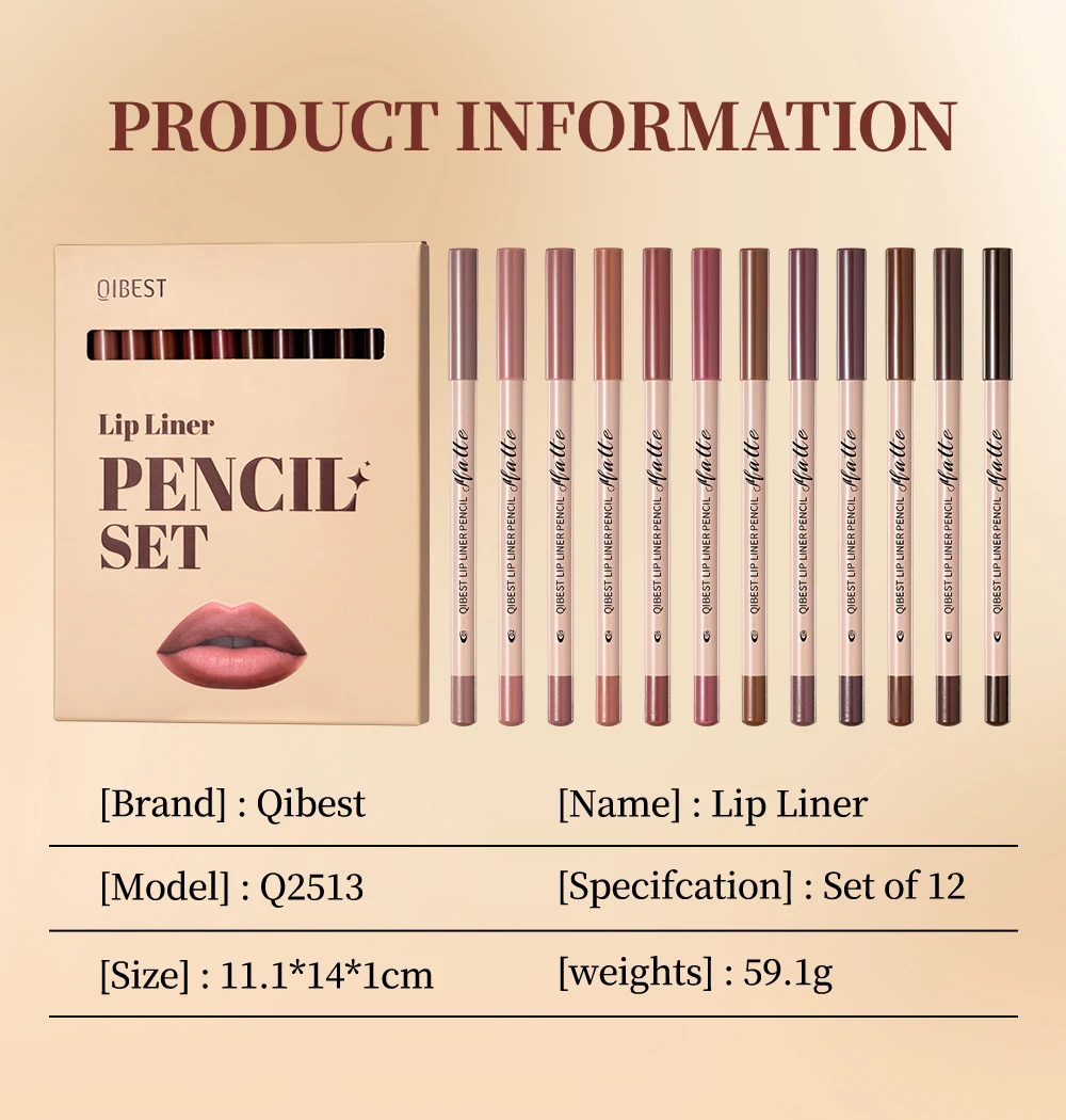 QIBEST 12 Colors Lip Liner Pen Kits Waterproof Sweat-proof Not Easy To Fade Lipliner Non-stick Cup Lipstick Pencil Makeup Sets