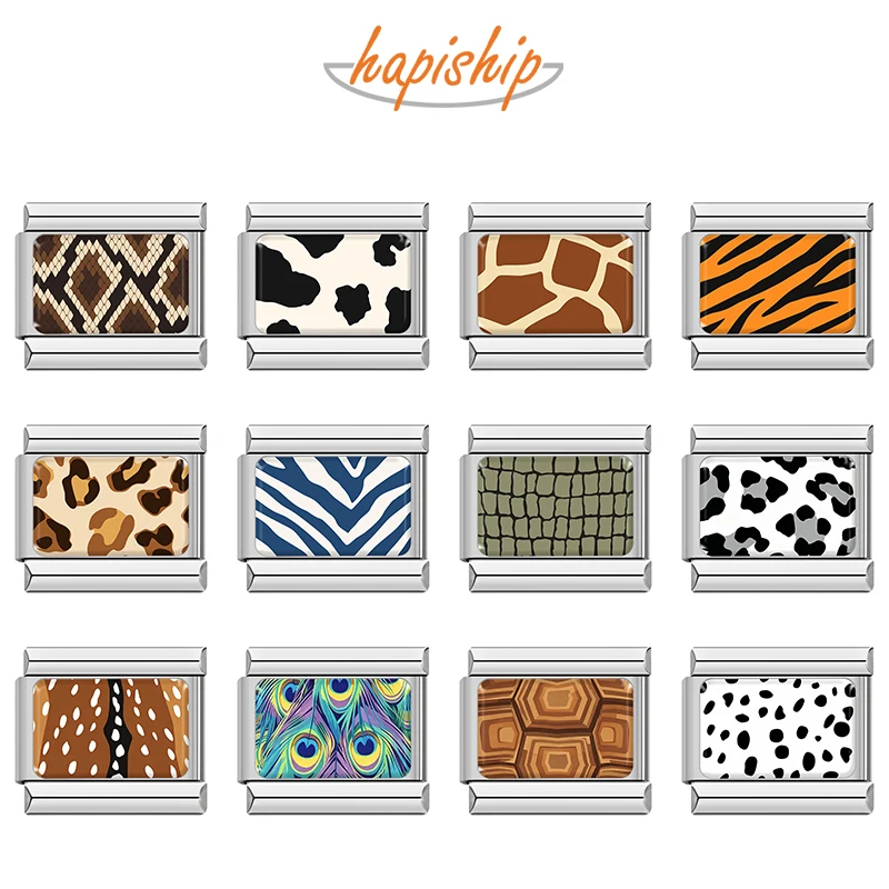 Hapiship Animal Italian 9mm Stainless Steel Module Charms Leopard Zebra Pattern Splicing Bracelet Jewelry Accessories TZ340-SV