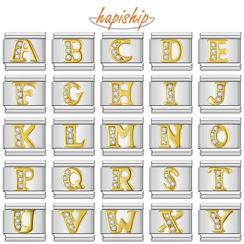 Hapiship Shiny CZ 26 Letters A-Z Italian Charms Gold Plated 9mm Stainless Steel Modular Bracelet DIY Jewelry DJ2479