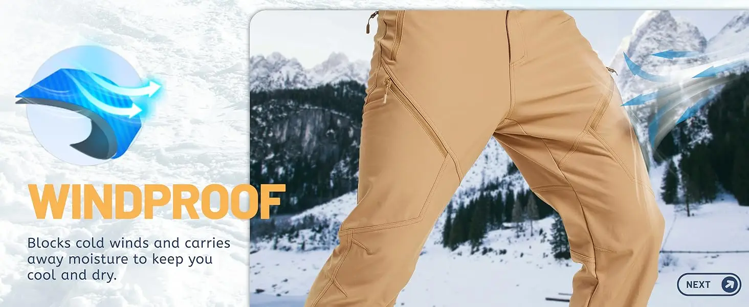 TACVASEN Men's Winter Hiking Pants Fleece Lined Waterproof Softshell Snow Ski Insulated Work Cargo Pants with 6 Zip Pockets