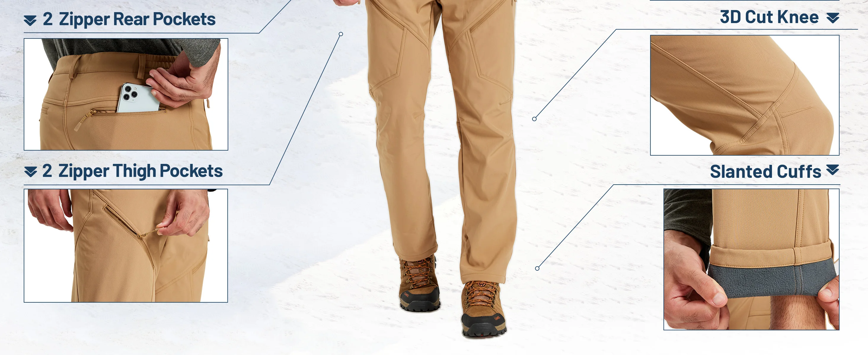 TACVASEN Men's Winter Hiking Pants Fleece Lined Waterproof Softshell Snow Ski Insulated Work Cargo Pants with 6 Zip Pockets