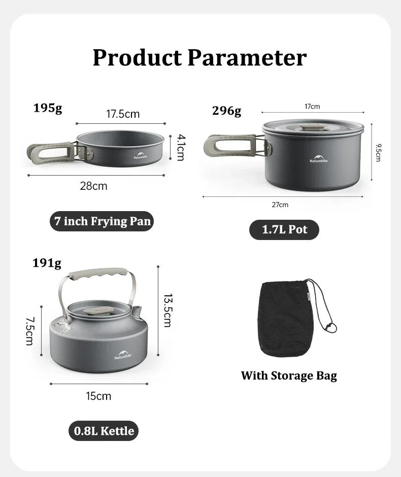 Naturehike Camping Cookware Kit Outdoor Cooking Ultralight Aluminum Pot Kettle Tablewear Set Kitchen Utensils Camping Gear
