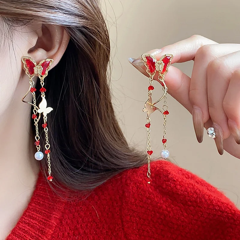 Elegant Purple Glass Butterfly Long Tassel Earrings for Women Delicate Rhinestone Crystal Insect Earrings Luxury Party Jewelry
