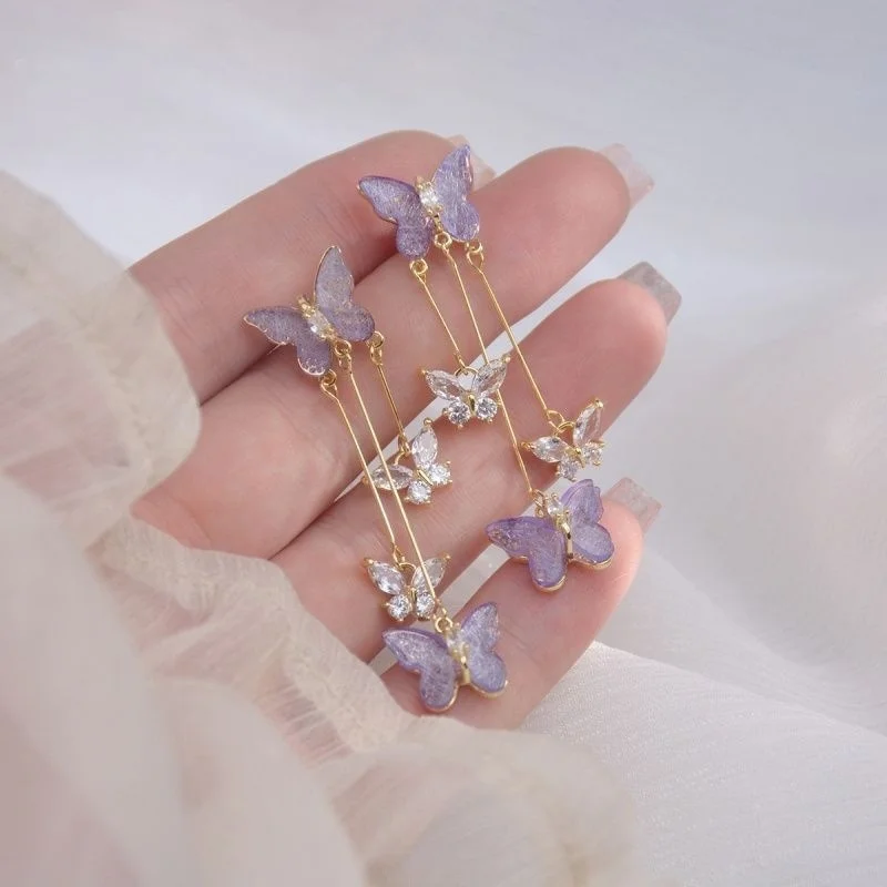 Elegant Purple Glass Butterfly Long Tassel Earrings for Women Delicate Rhinestone Crystal Insect Earrings Luxury Party Jewelry