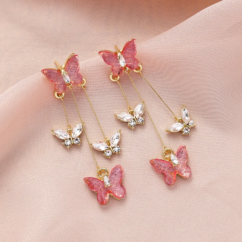 Elegant Purple Glass Butterfly Long Tassel Earrings for Women Delicate Rhinestone Crystal Insect Earrings Luxury Party Jewelry