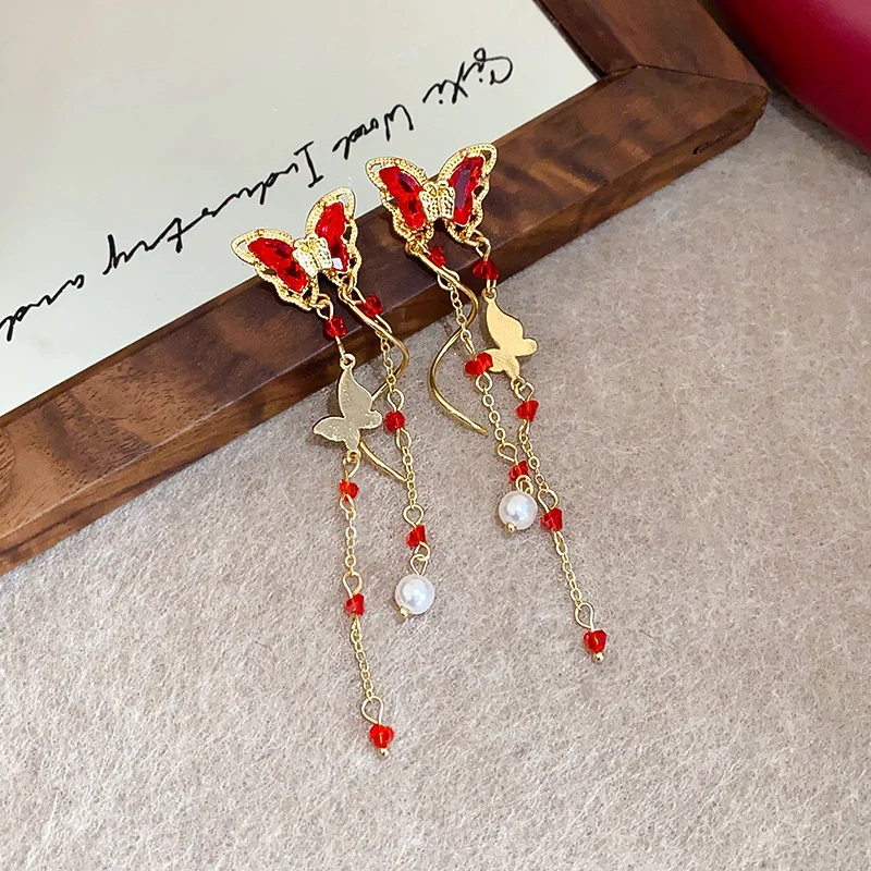 Elegant Purple Glass Butterfly Long Tassel Earrings for Women Delicate Rhinestone Crystal Insect Earrings Luxury Party Jewelry