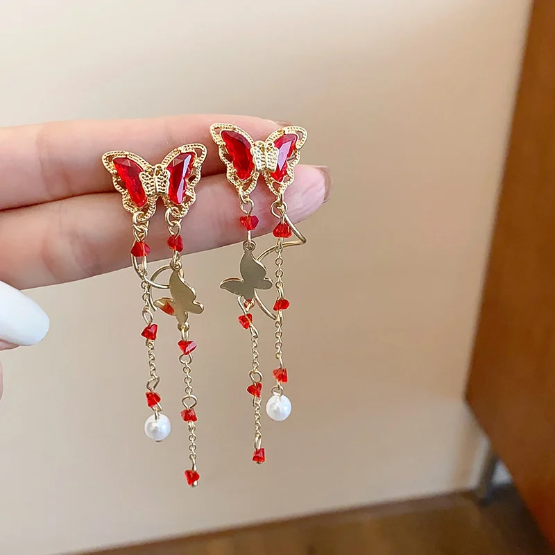 Elegant Purple Glass Butterfly Long Tassel Earrings for Women Delicate Rhinestone Crystal Insect Earrings Luxury Party Jewelry