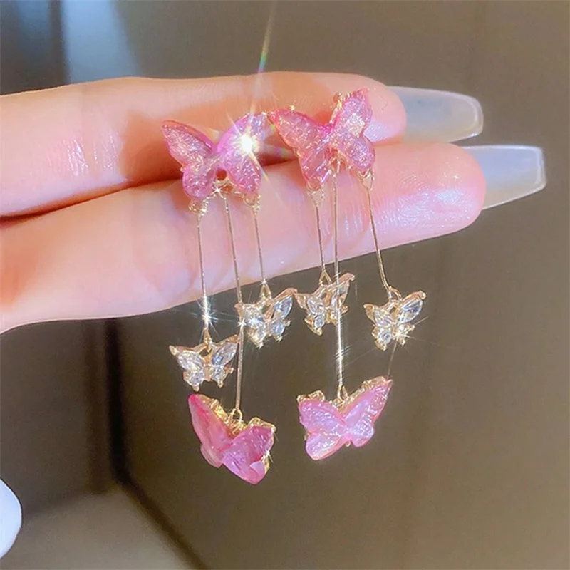 Elegant Purple Glass Butterfly Long Tassel Earrings for Women Delicate Rhinestone Crystal Insect Earrings Luxury Party Jewelry