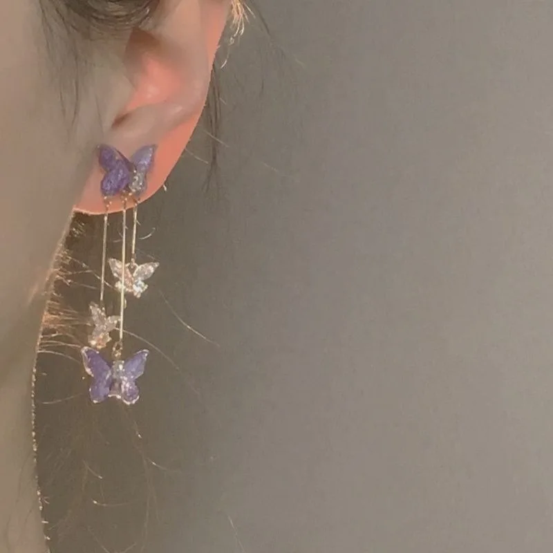 Elegant Purple Glass Butterfly Long Tassel Earrings for Women Delicate Rhinestone Crystal Insect Earrings Luxury Party Jewelry