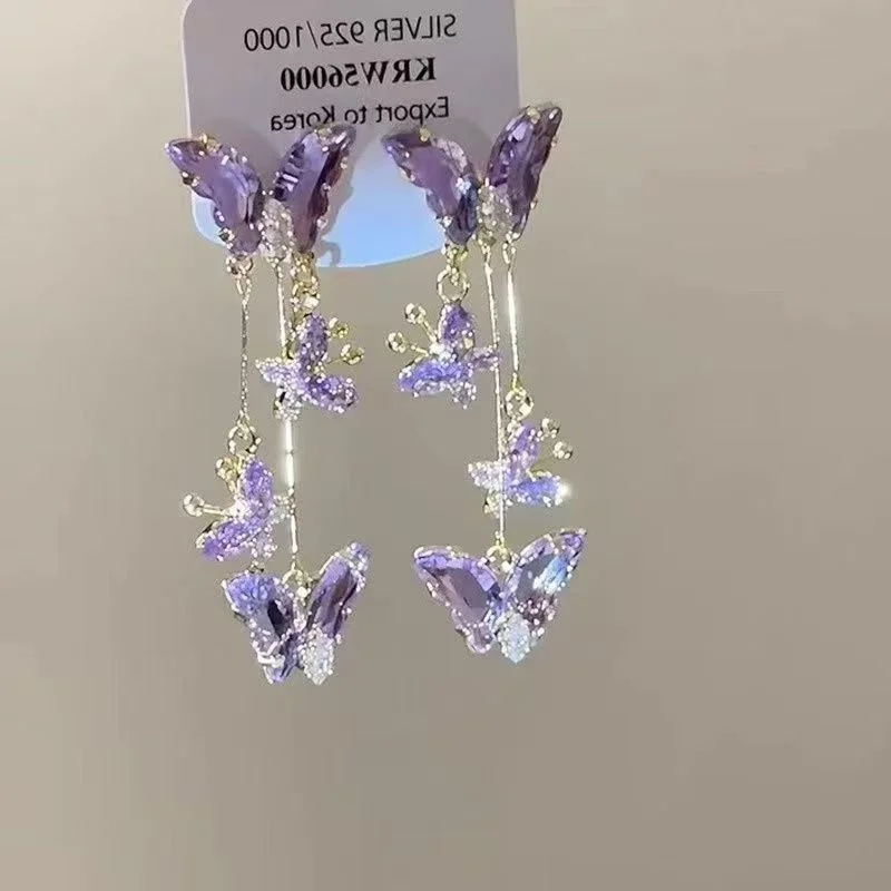 Elegant Purple Glass Butterfly Long Tassel Earrings for Women Delicate Rhinestone Crystal Insect Earrings Luxury Party Jewelry