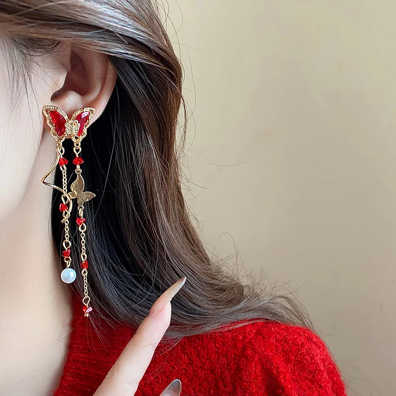 Elegant Purple Glass Butterfly Long Tassel Earrings for Women Delicate Rhinestone Crystal Insect Earrings Luxury Party Jewelry