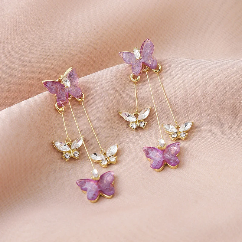 Elegant Purple Glass Butterfly Long Tassel Earrings for Women Delicate Rhinestone Crystal Insect Earrings Luxury Party Jewelry