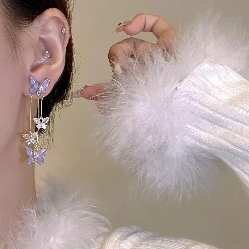 Elegant Purple Glass Butterfly Long Tassel Earrings for Women Delicate Rhinestone Crystal Insect Earrings Luxury Party Jewelry