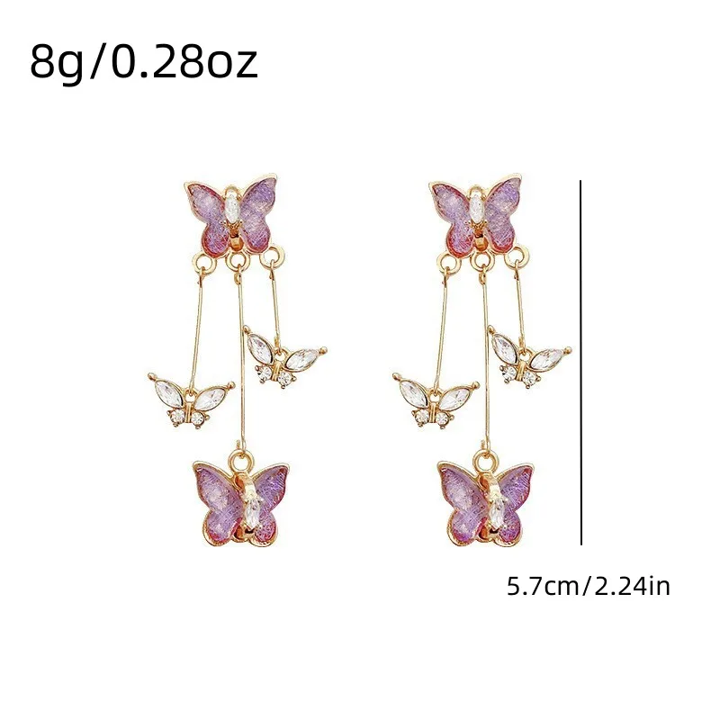 Elegant Purple Glass Butterfly Long Tassel Earrings for Women Delicate Rhinestone Crystal Insect Earrings Luxury Party Jewelry