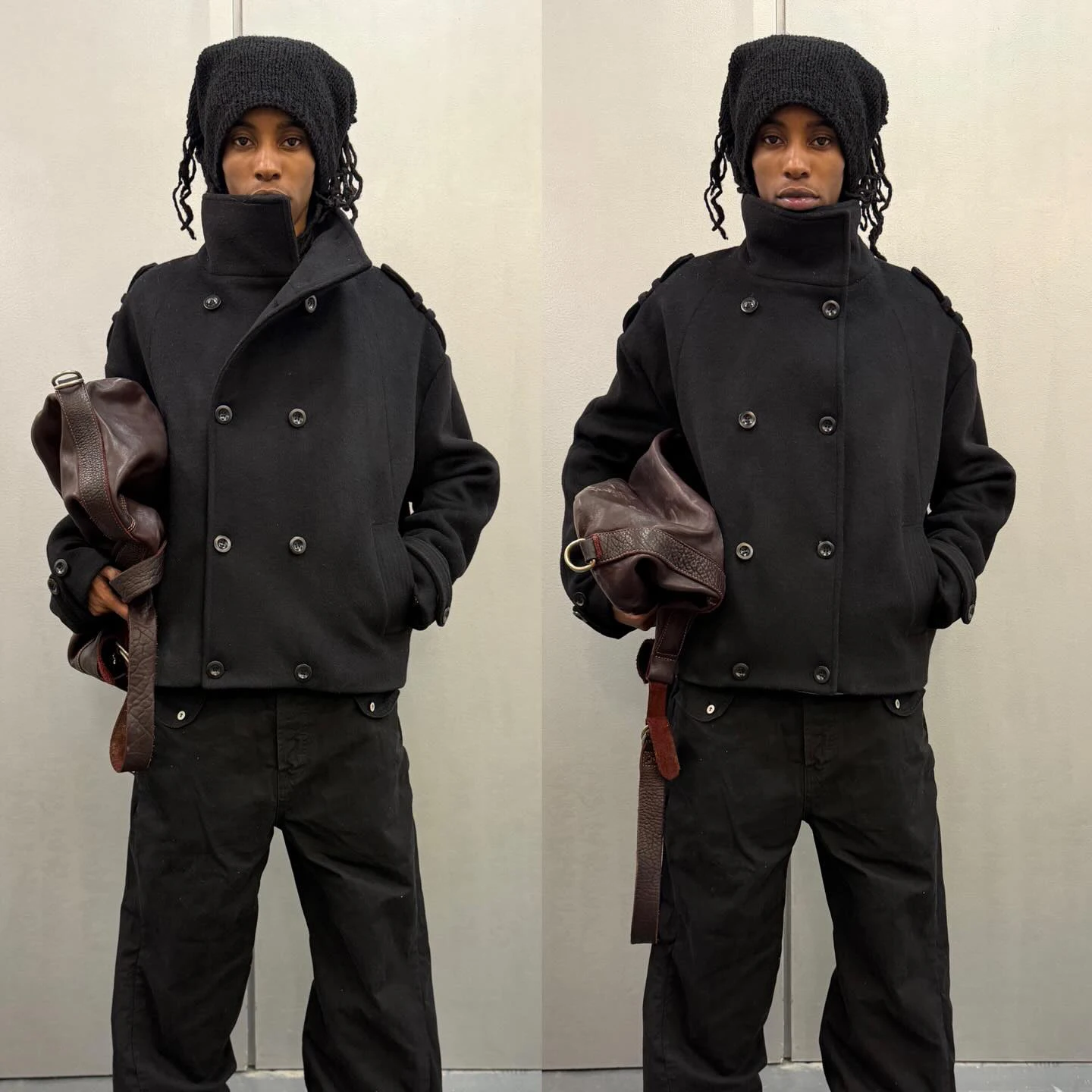 Men Cropped Coat Loose Stand Collar Double Breasted Woolen Jacket Epaulet Design Streetwear Thick Warm Autumn Winter Outerwear