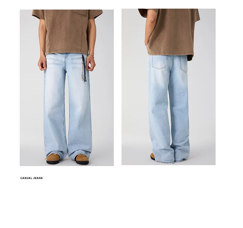 IEFB Men's Clothing Wide Leg Denim Pants Summer American Style Glacier Blue Straight Jeans Unisex Cleanfit Simple Couple 9W3904