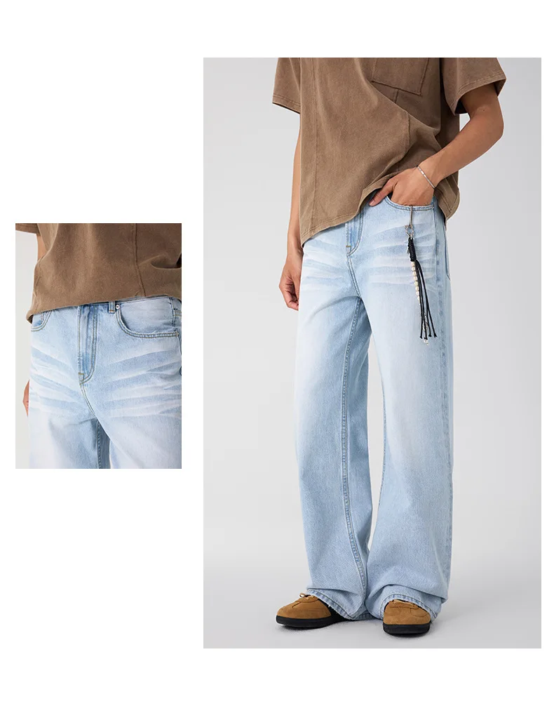 IEFB Men's Clothing Wide Leg Denim Pants Summer American Style Glacier Blue Straight Jeans Unisex Cleanfit Simple Couple 9W3904