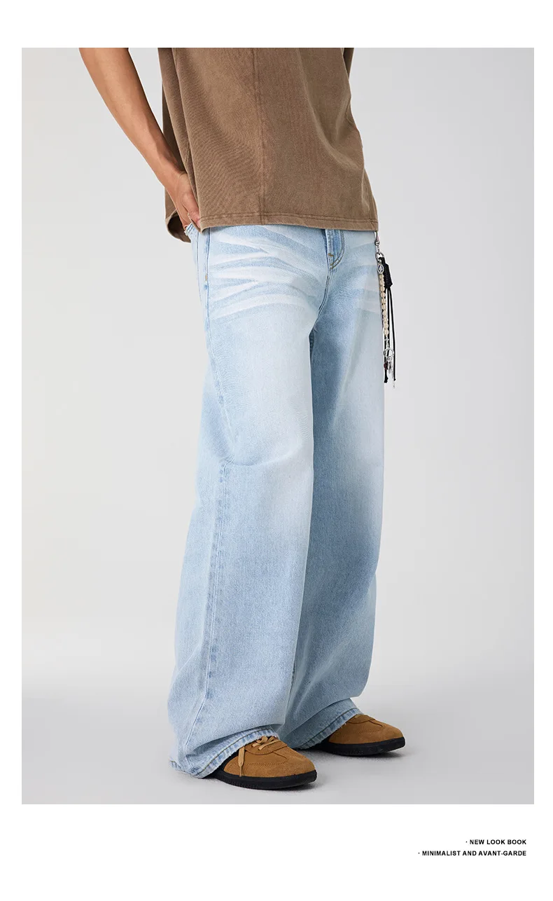 IEFB Men's Clothing Wide Leg Denim Pants Summer American Style Glacier Blue Straight Jeans Unisex Cleanfit Simple Couple 9W3904