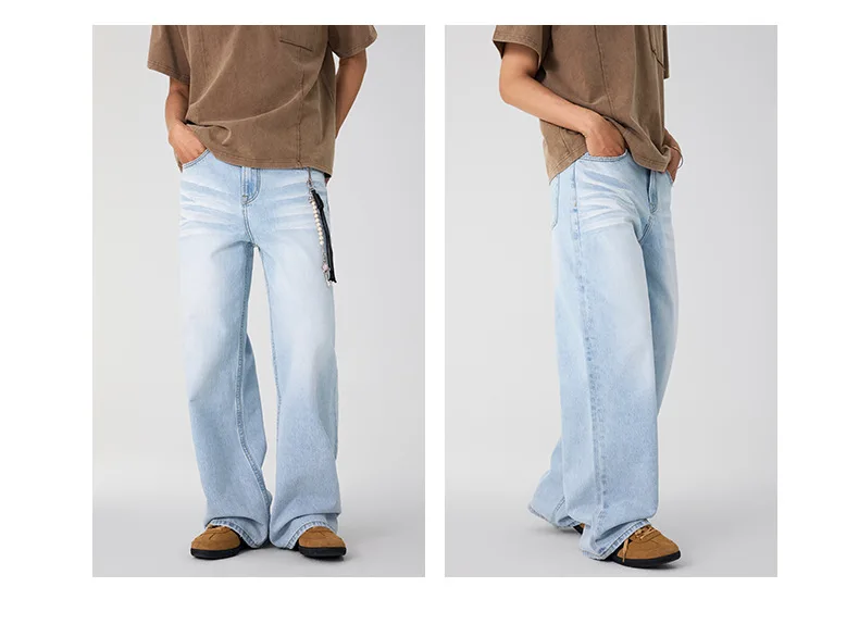 IEFB Men's Clothing Wide Leg Denim Pants Summer American Style Glacier Blue Straight Jeans Unisex Cleanfit Simple Couple 9W3904