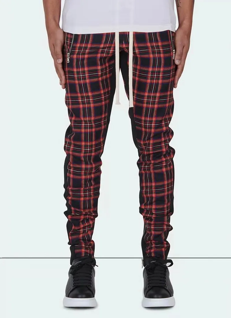 Men's slim-fitting casual sportswear fashion trend: zipper pocket checkered patchwork street fashion skinny pants