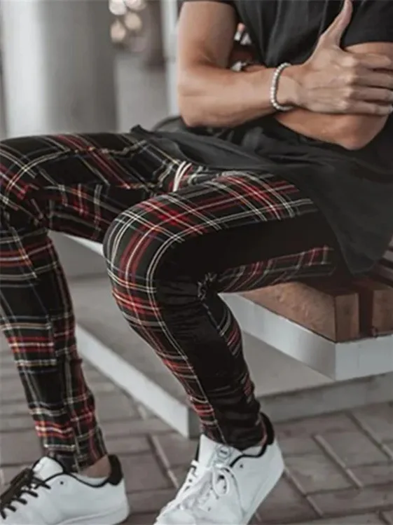 Men's slim-fitting casual sportswear fashion trend: zipper pocket checkered patchwork street fashion skinny pants