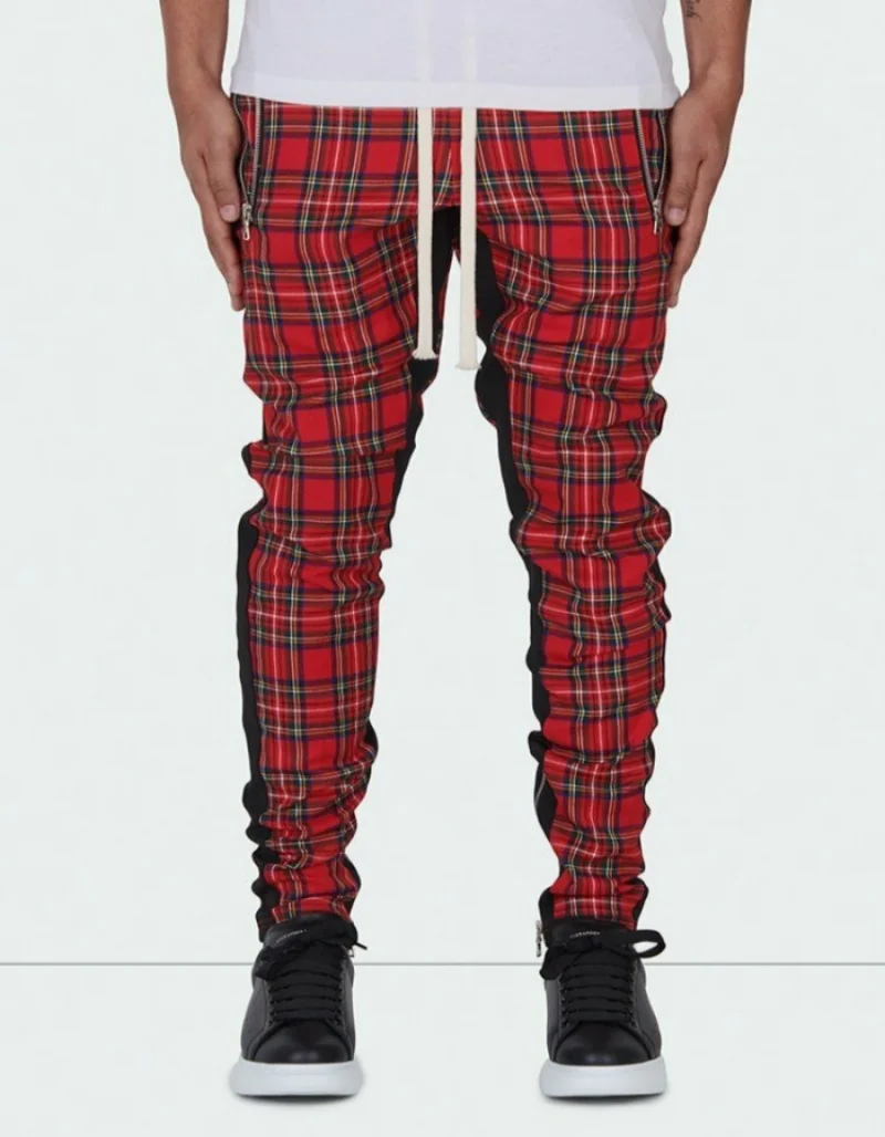 Men's slim-fitting casual sportswear fashion trend: zipper pocket checkered patchwork street fashion skinny pants