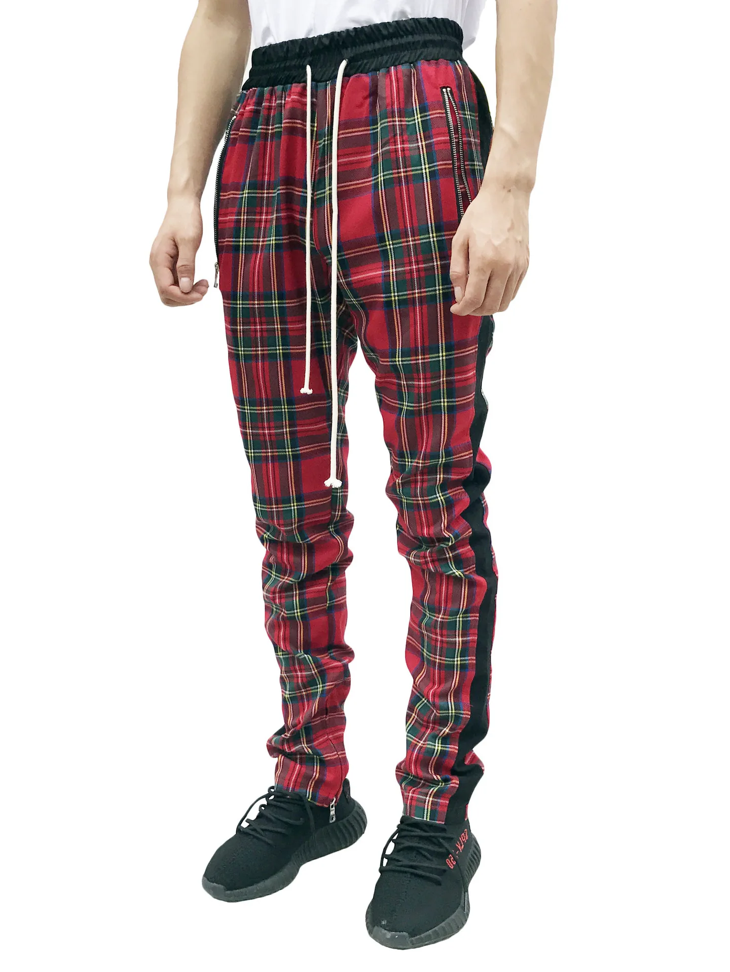 Men's slim-fitting casual sportswear fashion trend: zipper pocket checkered patchwork street fashion skinny pants