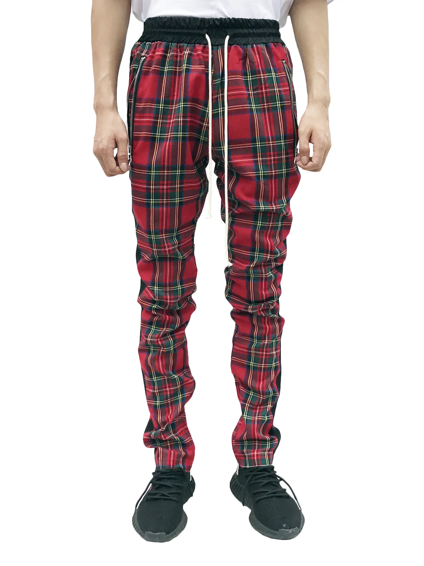 Men's slim-fitting casual sportswear fashion trend: zipper pocket checkered patchwork street fashion skinny pants