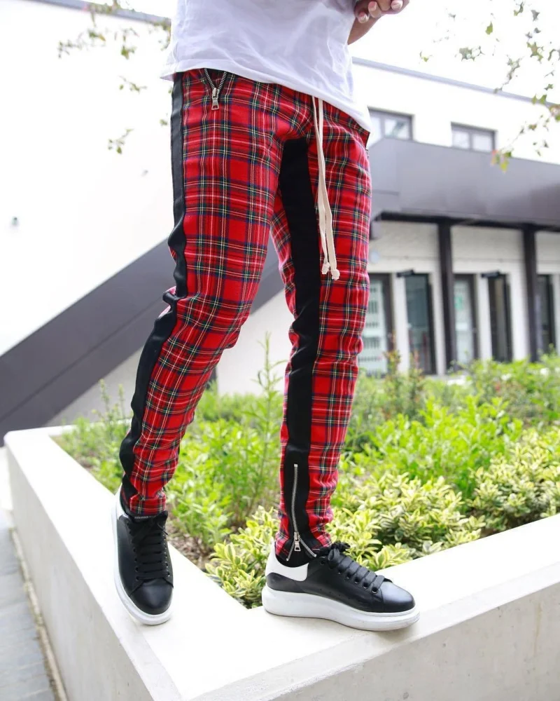 Men's slim-fitting casual sportswear fashion trend: zipper pocket checkered patchwork street fashion skinny pants