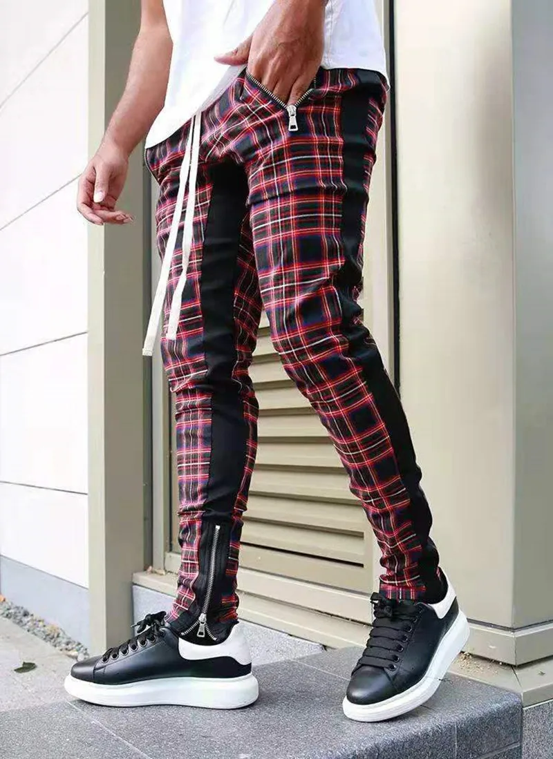 Men's slim-fitting casual sportswear fashion trend: zipper pocket checkered patchwork street fashion skinny pants