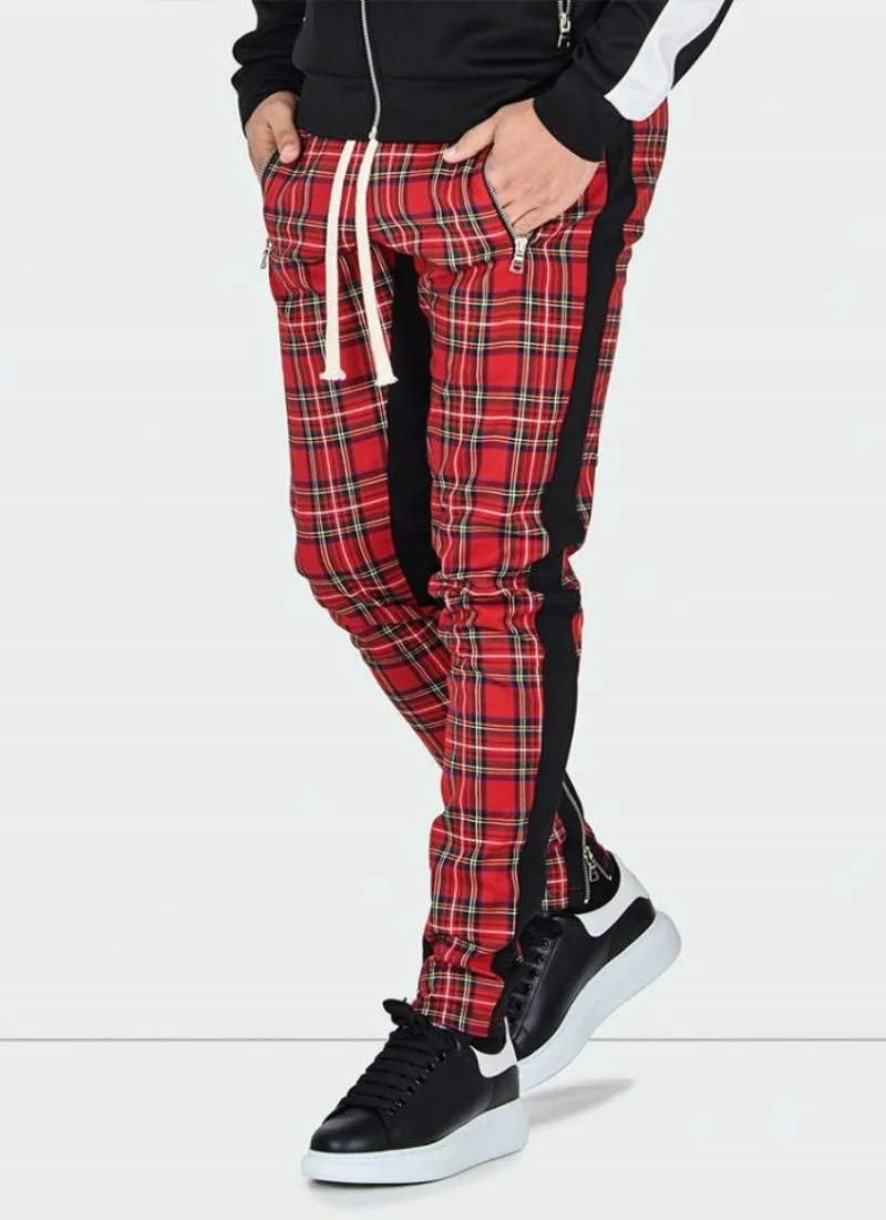 Men's slim-fitting casual sportswear fashion trend: zipper pocket checkered patchwork street fashion skinny pants