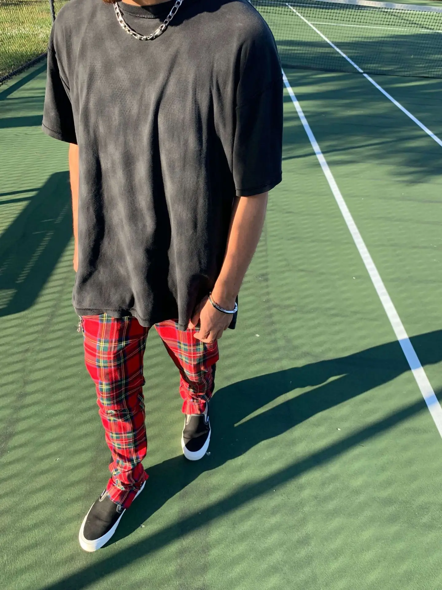 Men's slim-fitting casual sportswear fashion trend: zipper pocket checkered patchwork street fashion skinny pants